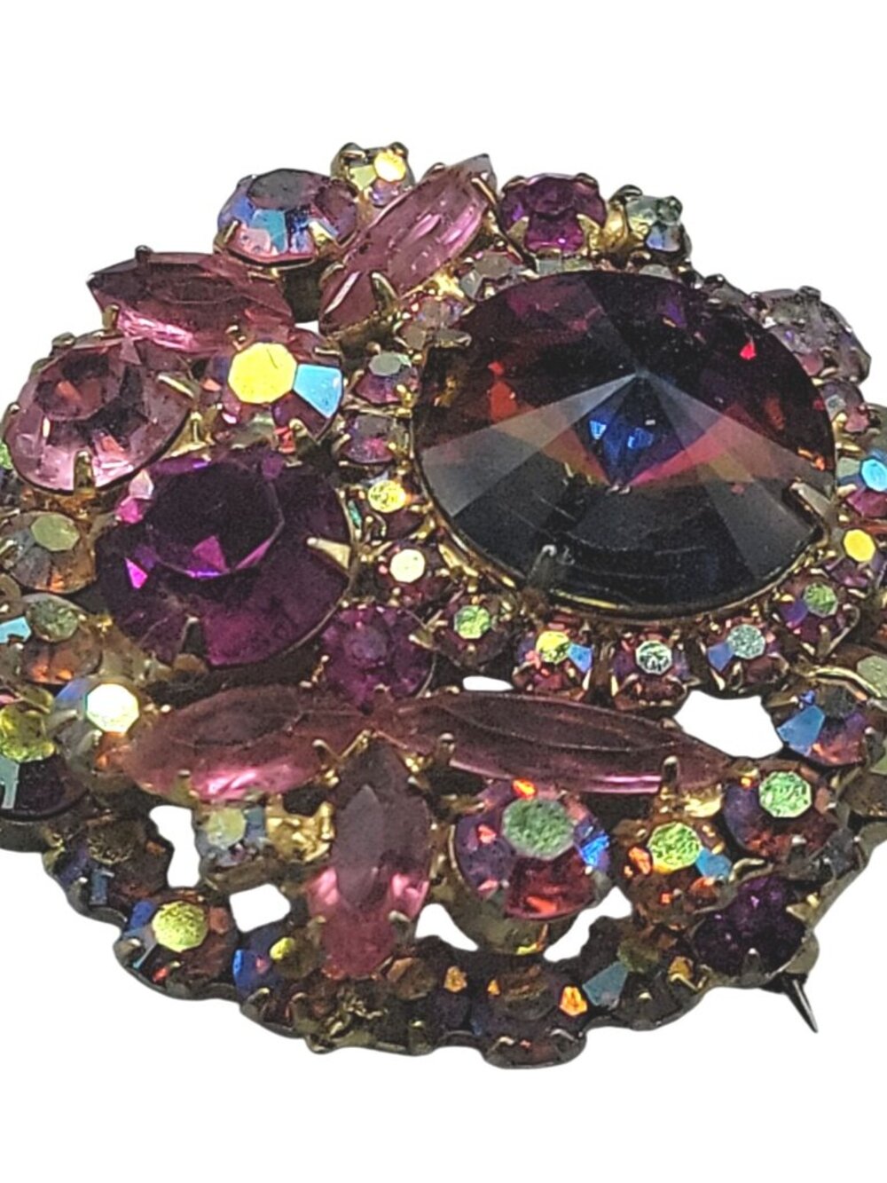 Juliana D&E Vintage Watermelon Rivoli Brooch Layered Pink Fuchsia AB Rhinestones - Picture 6 of 7